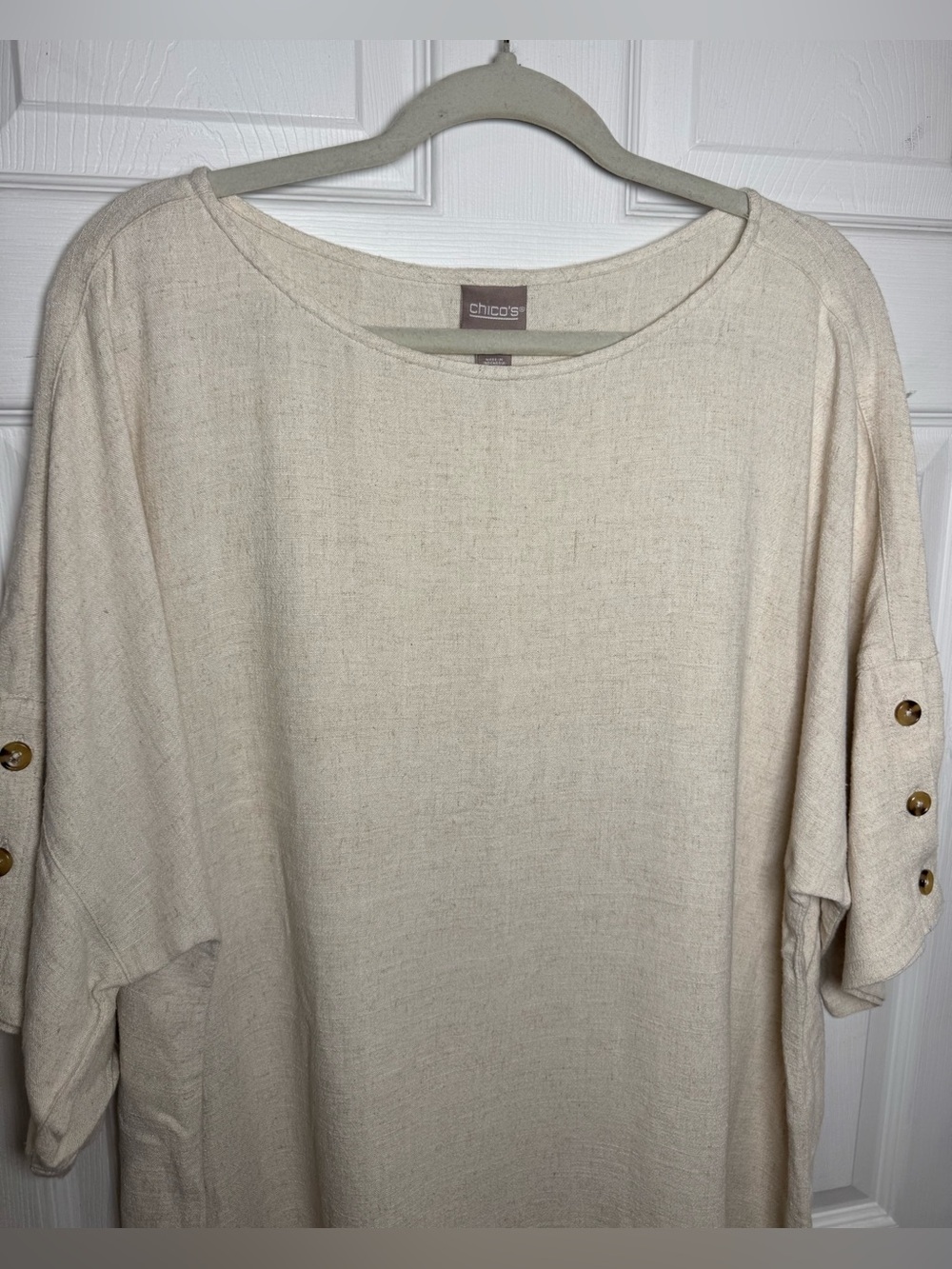 Chico's‎ Linen Blend Cream Tunic Top Women’s (3) US XL Sleeve Button Detailing - Picture 2 of 11